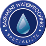 basement waterproofing logo circle with water drop in the center